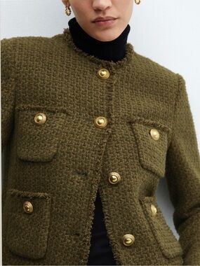 Mango Olive Tweed Button-Front Blazer with Gold Buttons